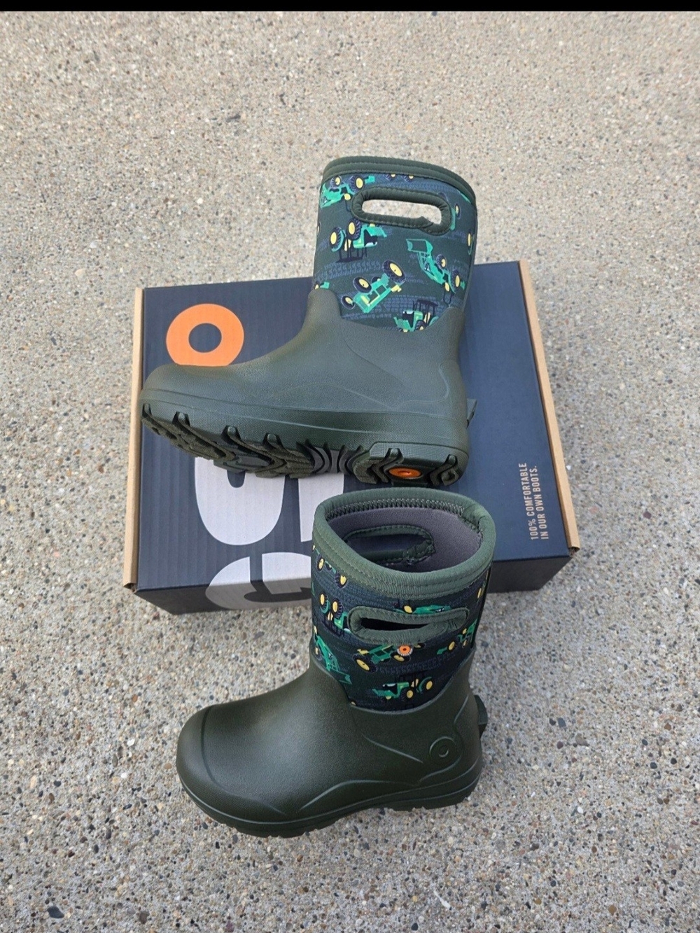 Kids Waterproof Green Rain Boots with Tractor Print